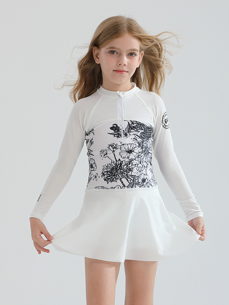 Vestido de baño de manga larga para niñas, traje de baño de una pieza con flores, protección UV, camiseta contra erupciones, ropa de playa para niños, disfraz de natación