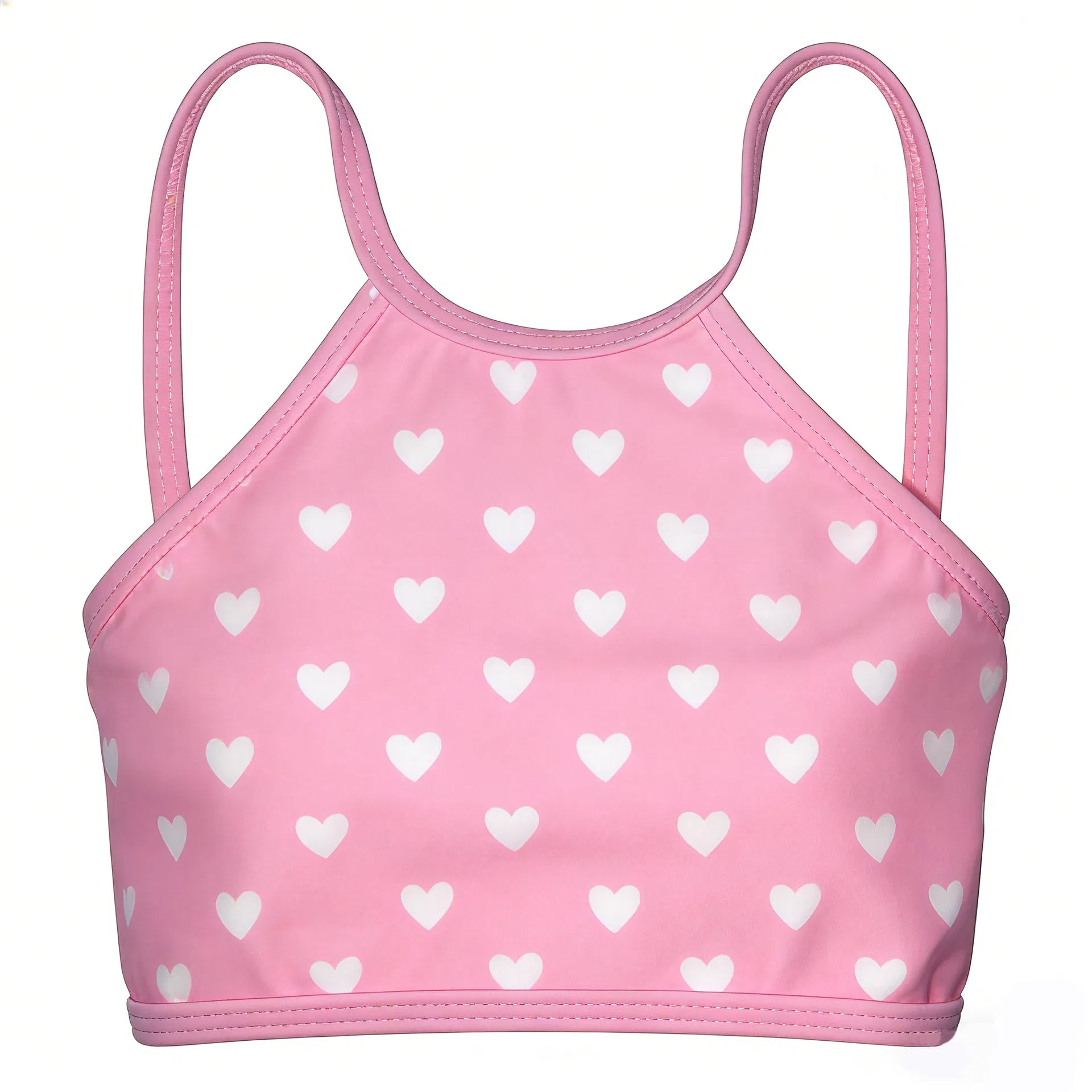 Bonito traje de baño de dos piezas con volantes en forma de corazón rosa para niños