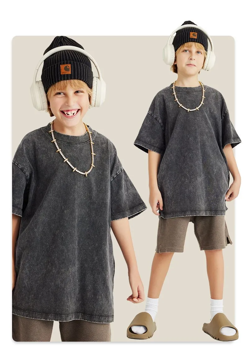 Camiseta de algodón lavada a la moda para niños de verano personalizada al por mayor 270GSM 100% Camiseta para niños con hombros caídos, camiseta vintage de lavado ácido para niños y niñas