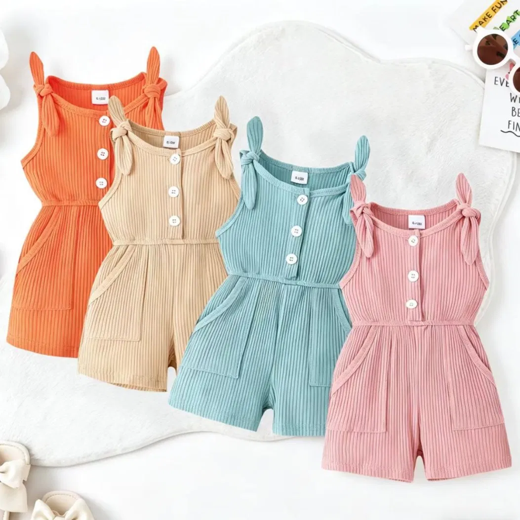 Mono de verano casual para niñas, tirantes de ribete, ropa para bebés, tejido de punto