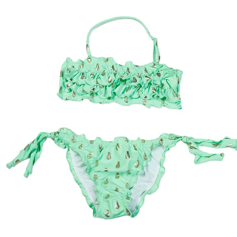 Bañador de dos piezas para niñas con estampado de foil dorado y volantes
