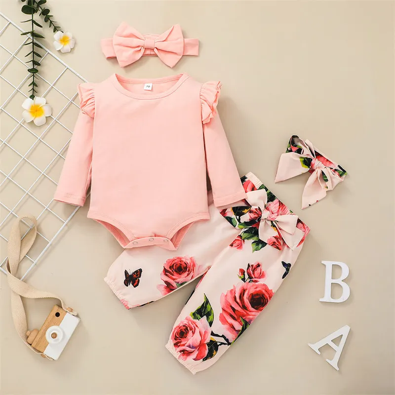 Ropa de Navidad para Niñas Pequeñas Conjuntos de Pantalones de Impresión de Flores Sólidas con Cuello Redondo de Manga Larga y Volantes 3 Piezas