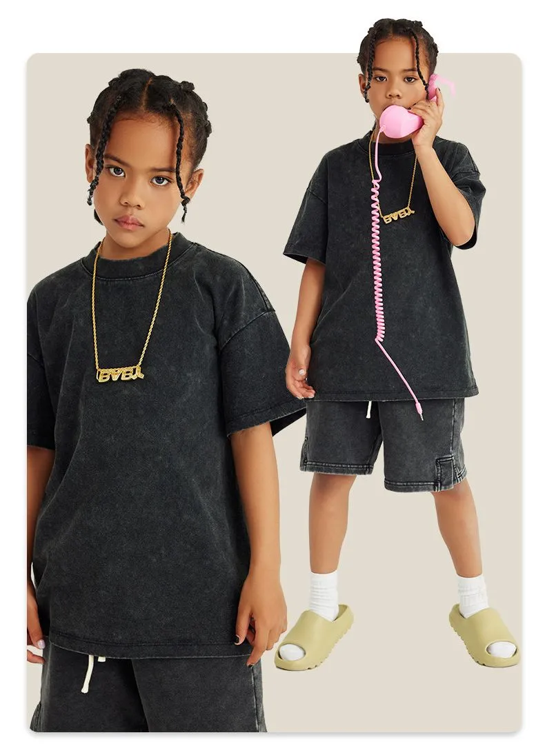 Camiseta de algodón lavada a la moda para niños de verano personalizada al por mayor 270GSM 100% Camiseta para niños con hombros caídos, camiseta vintage de lavado ácido para niños y niñas