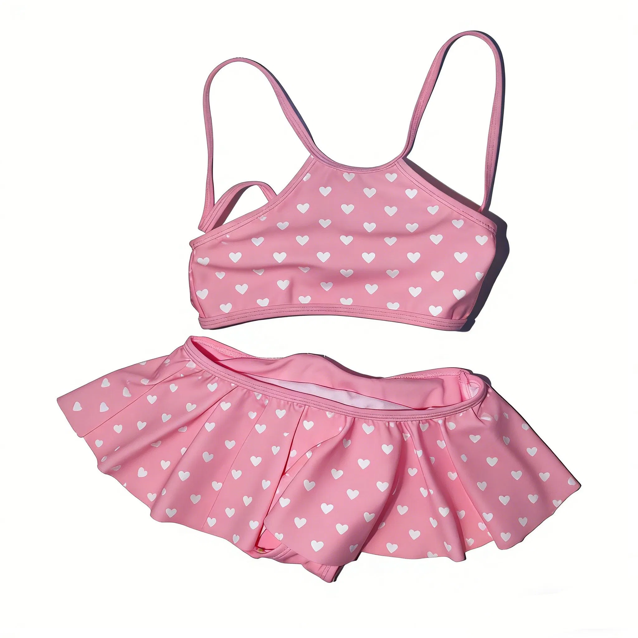 Bonito traje de baño de dos piezas con volantes en forma de corazón rosa para niños
