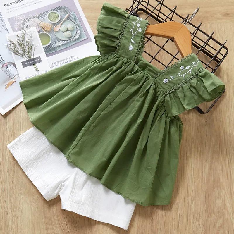 Conjunto de Tops Sin Mangas con Volantes y Pantalones Cortos Elásticos para Niños Ropa de Verano Esg14116