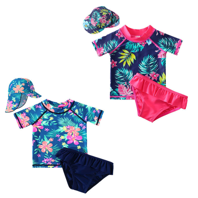 Conjunto de dos piezas de verano para niñas pequeñas con Upf50+ sombrero de sol de manga corta