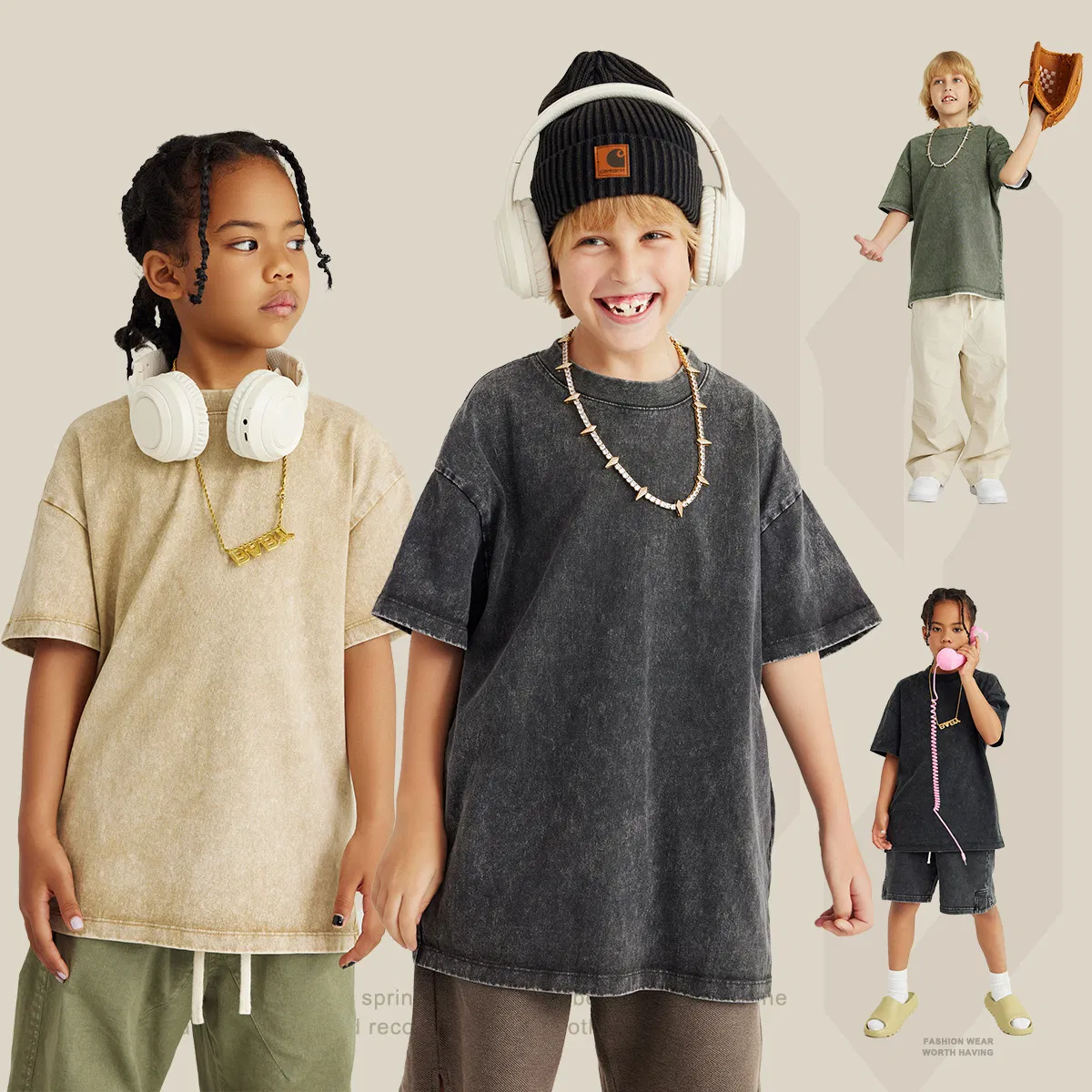 Camiseta de algodón lavada a la moda para niños de verano personalizada al por mayor 270GSM 100% Camiseta para niños con hombros caídos, camiseta vintage de lavado ácido para niños y niñas