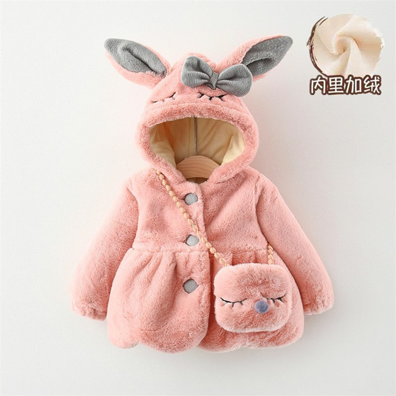 Chaqueta de bebé de peluche con orejas de conejo, abrigo de princesa dulce para niñas, ropa de otoño e invierno, abrigo con capucha cálido para niñas pequeñas