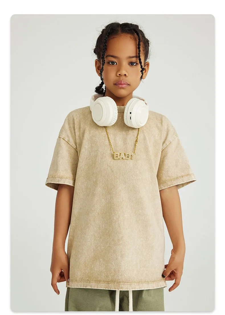 Camiseta de algodón lavada a la moda para niños de verano personalizada al por mayor 270GSM 100% Camiseta para niños con hombros caídos, camiseta vintage de lavado ácido para niños y niñas