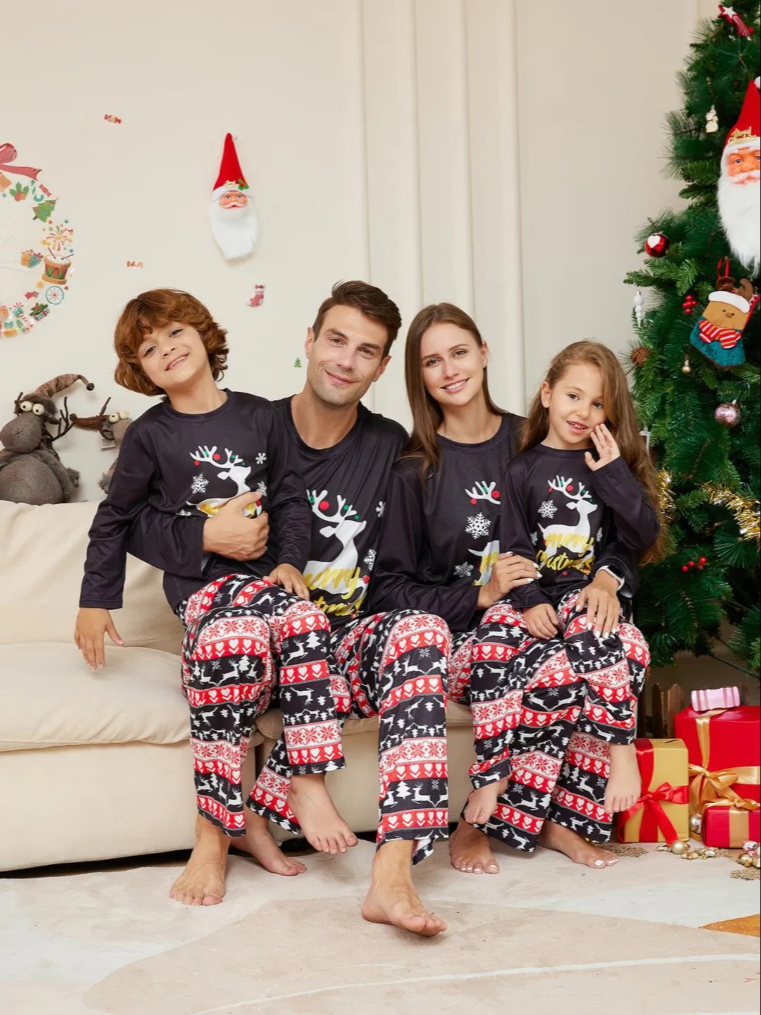 Nuevo vestido de hogar de poliéster para padres e hijos, pijama de dormir para niños, estampado de Santa en toda la prenda, conjunto navideño familiar para mascotas