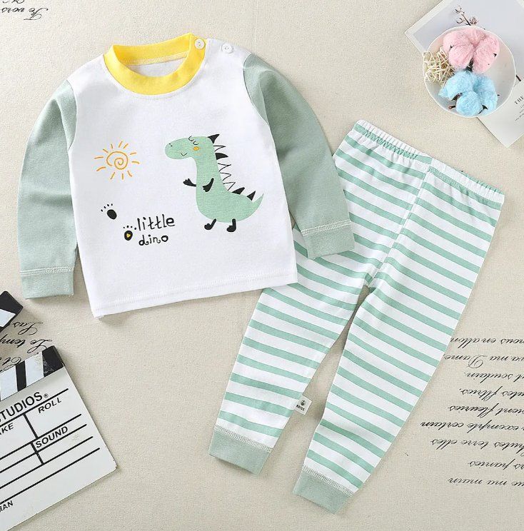 Pijamas de manga larga para niños con cuello de algodón y estampado de dibujos animados