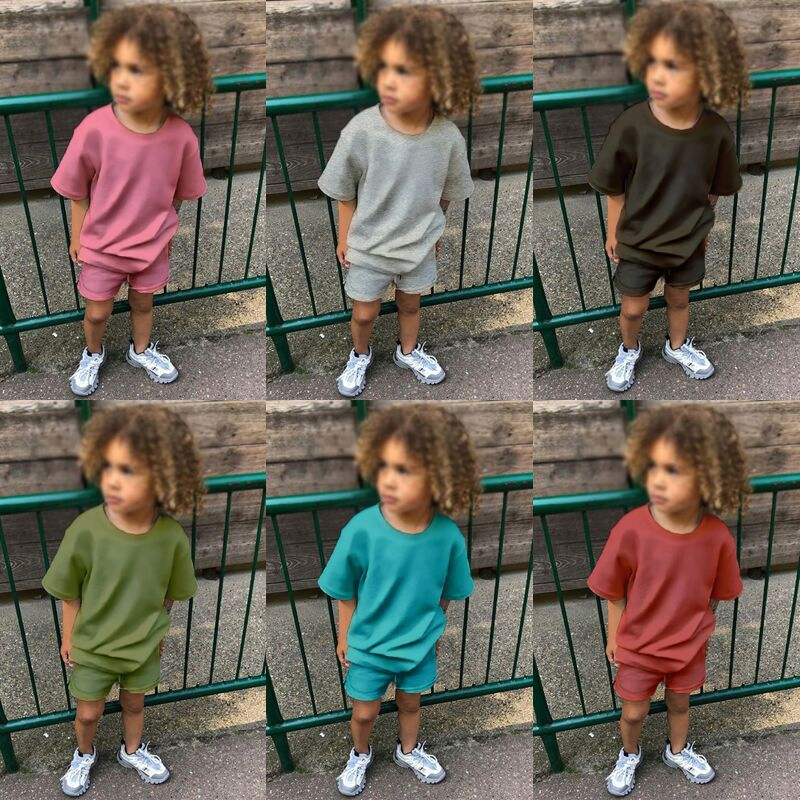 Conjunto de camiseta de manga corta y pantalones cortos de algodón puro de color sólido para niños y niñas, ropa de verano para niños, chándal personalizado para niños