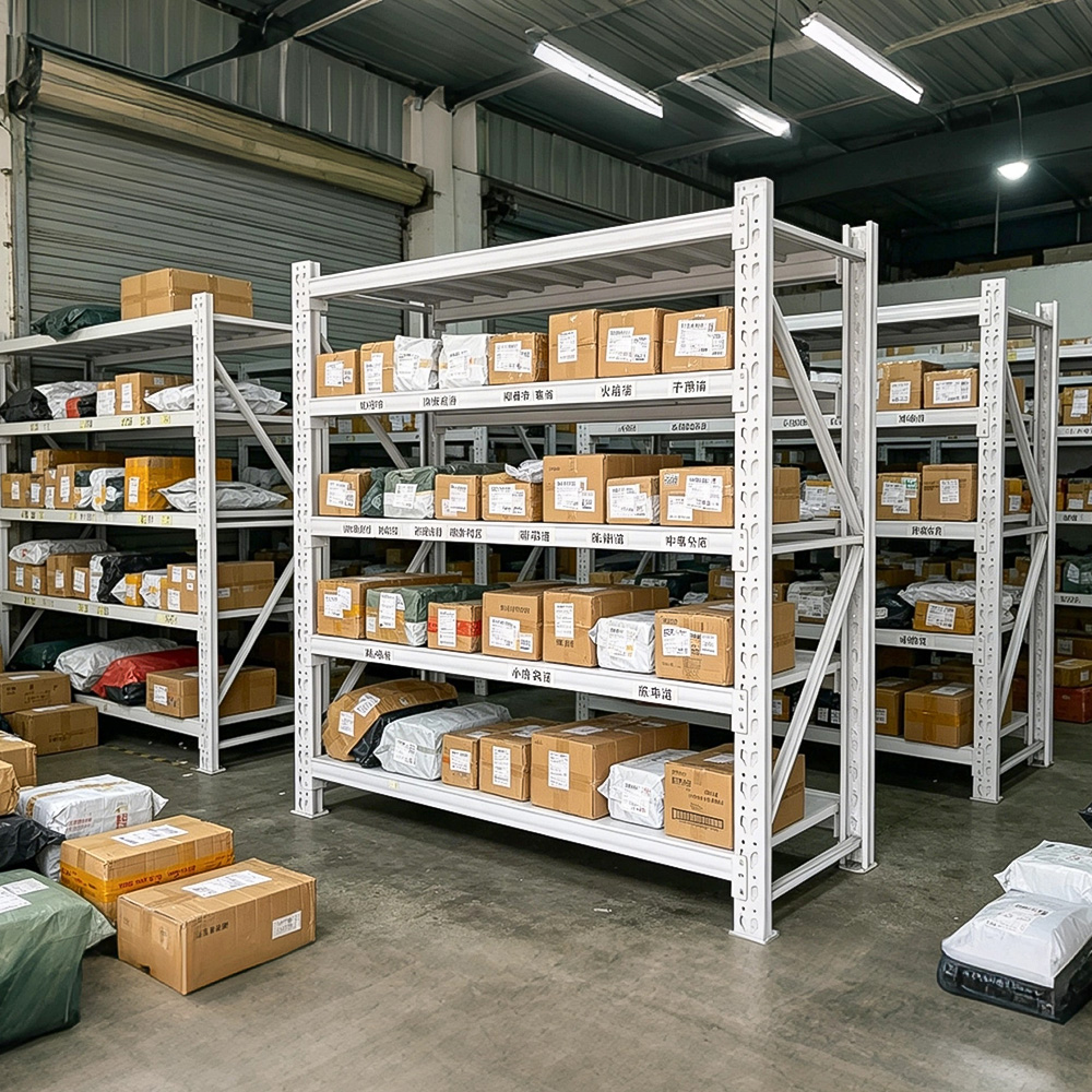 Adjustable White Metal Storage Rack for Boutique and Warehouse 100-500kg Loading Capacity Heavy Duty Garment Shelving System