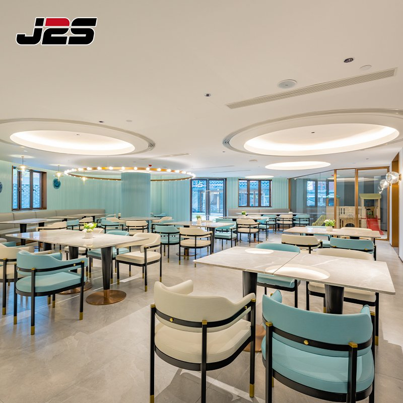 Commercial Restaurant Chairs and Tables Furniture Custom Blue Wall Booth Seating Yellow Upholstered Cafe Chair Set Food Court