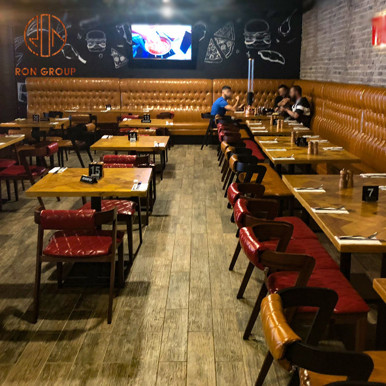 Luxury Modern Cafe Restaurant Wood Table Curved Leather Chairs Customized Commercial Furniture