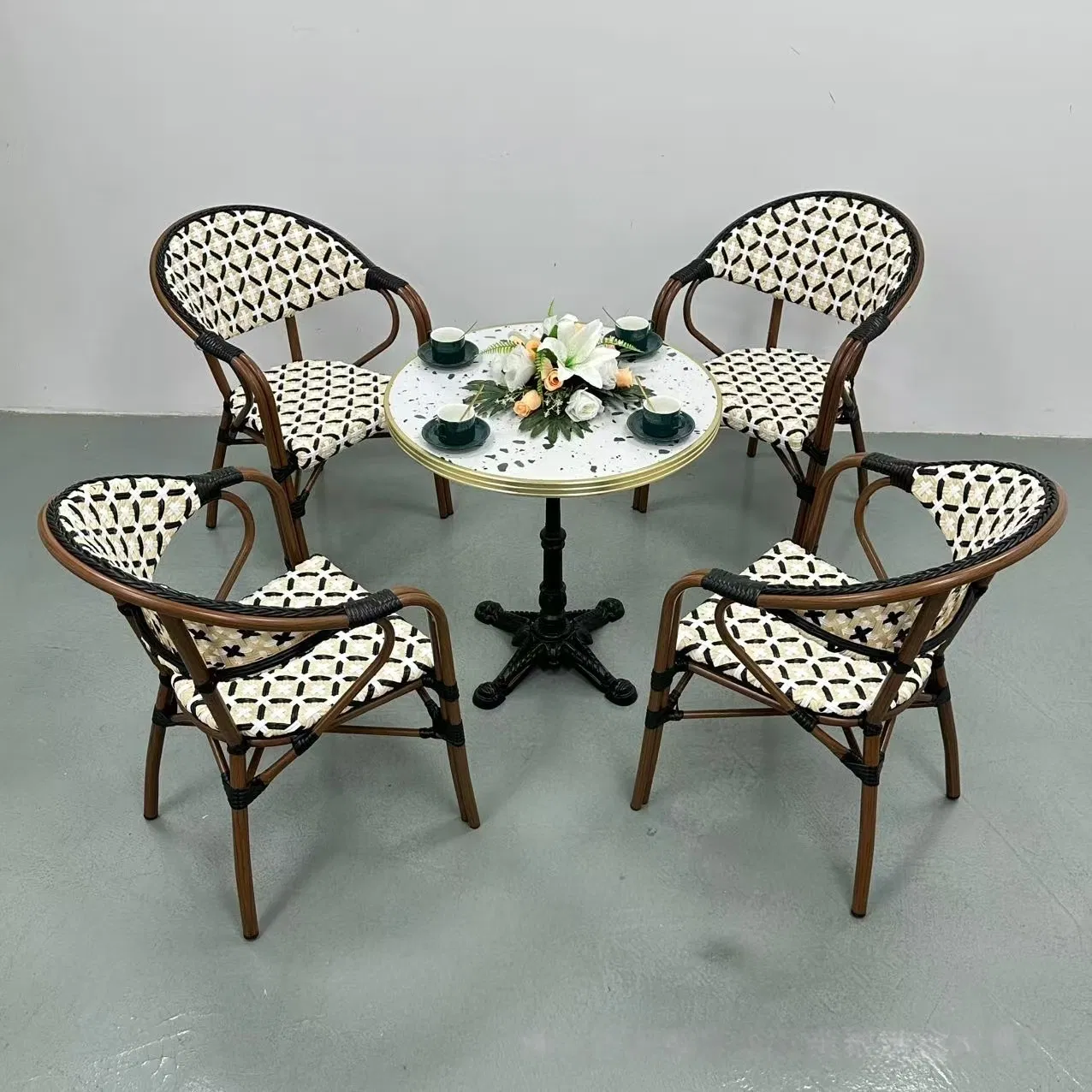 French Style Commercial Restaurant Table Chair Outdoor Rattan Furniture for Cafe Homestay Balcony Courtyard