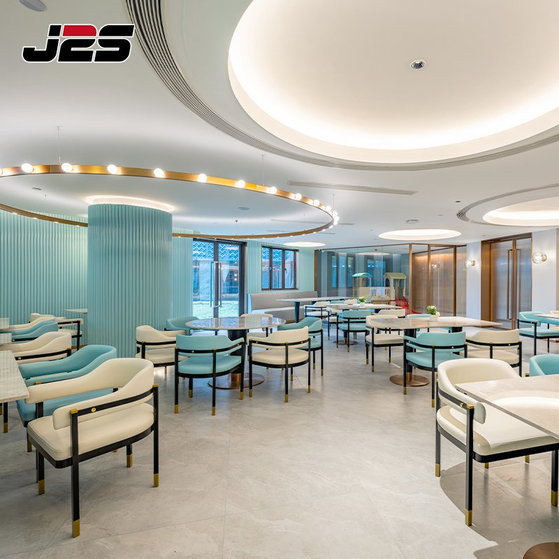 Commercial Restaurant Chairs and Tables Furniture Custom Blue Wall Booth Seating Yellow Upholstered Cafe Chair Set Food Court