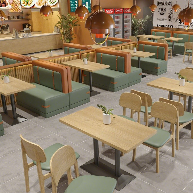 Modern Fast Food Court Pizza Shop Restaurant Table and Chair Orange Leather Double Sided Booth Seating Sofa for Coffee Shop Furniture