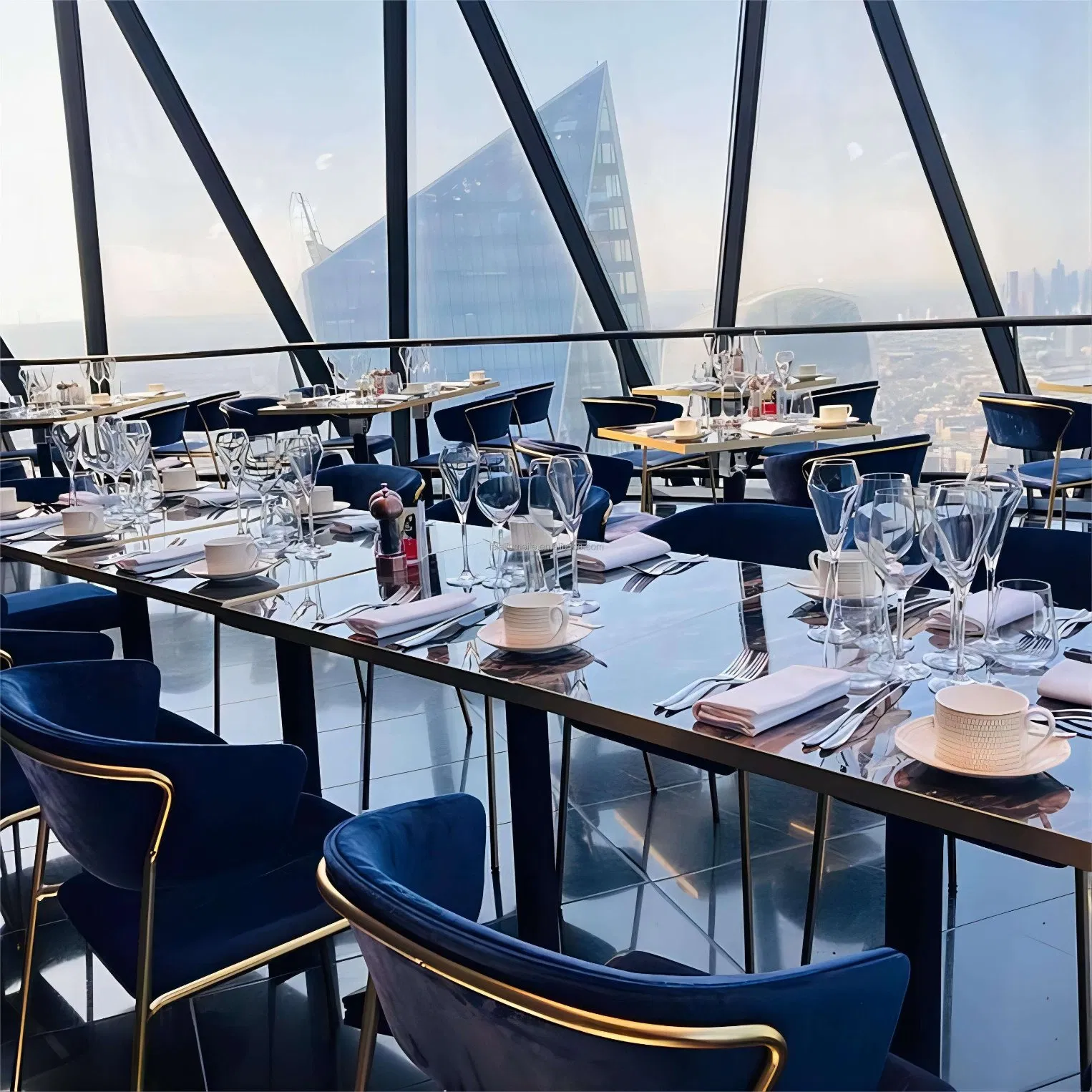 Modern Light Luxury Outdoor Velvet Blue Stainless Steel Dining Chairs Restaurant Furniture