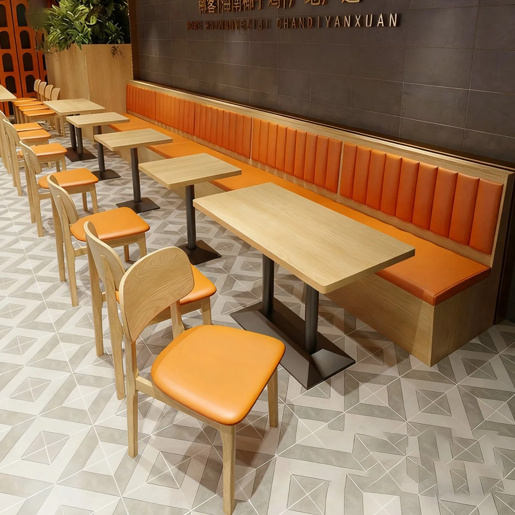 Modern Fast Food Court Pizza Shop Restaurant Table and Chair Orange Leather Double Sided Booth Seating Sofa for Coffee Shop Furniture