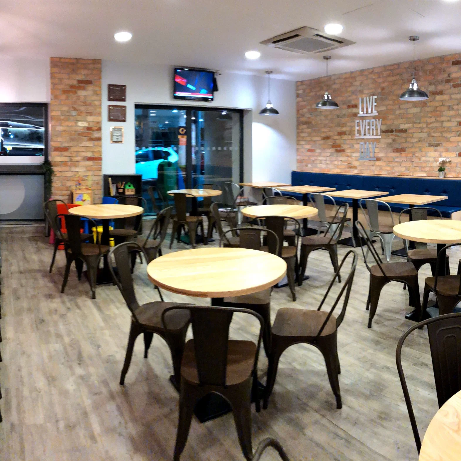 Economical Cafe Furniture Table Set with Seating and Back Cushion Chairs