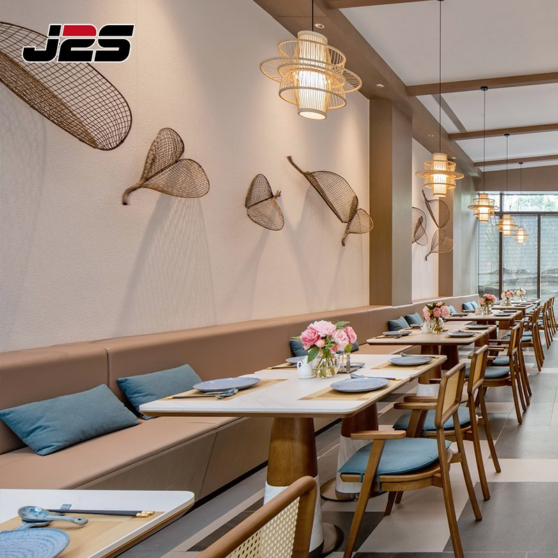 Commercial Modern Food Court Chairs Tables Furniture Unique Rattan Pendant Light Solid Wood Chair Booth Seating Set for Hotel