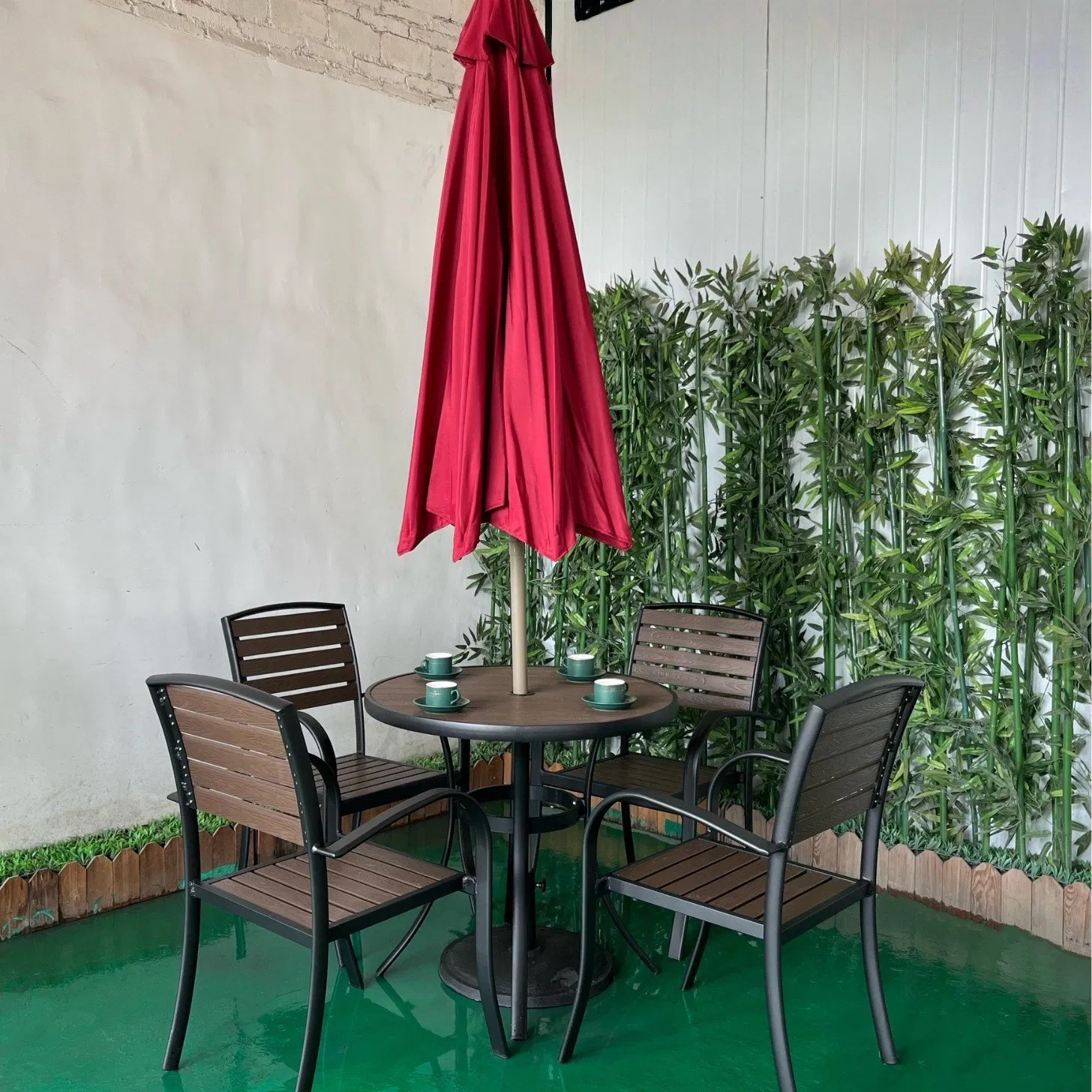 Outdoor Furniture Brushed Aluminum Frame Plastic Wood Restaurant Patio Outdoor Tables and Chairs Furniture