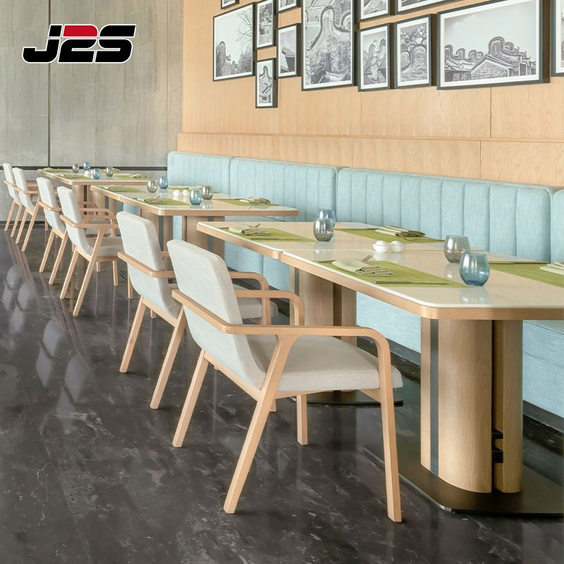 Commercial Modern Food Court Chairs Tables Furniture Unique Rattan Pendant Light Solid Wood Chair Booth Seating Set for Hotel