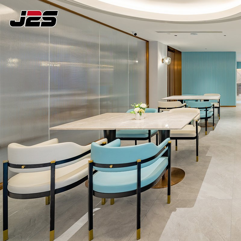 Commercial Restaurant Chairs and Tables Furniture Custom Blue Wall Booth Seating Yellow Upholstered Cafe Chair Set Food Court