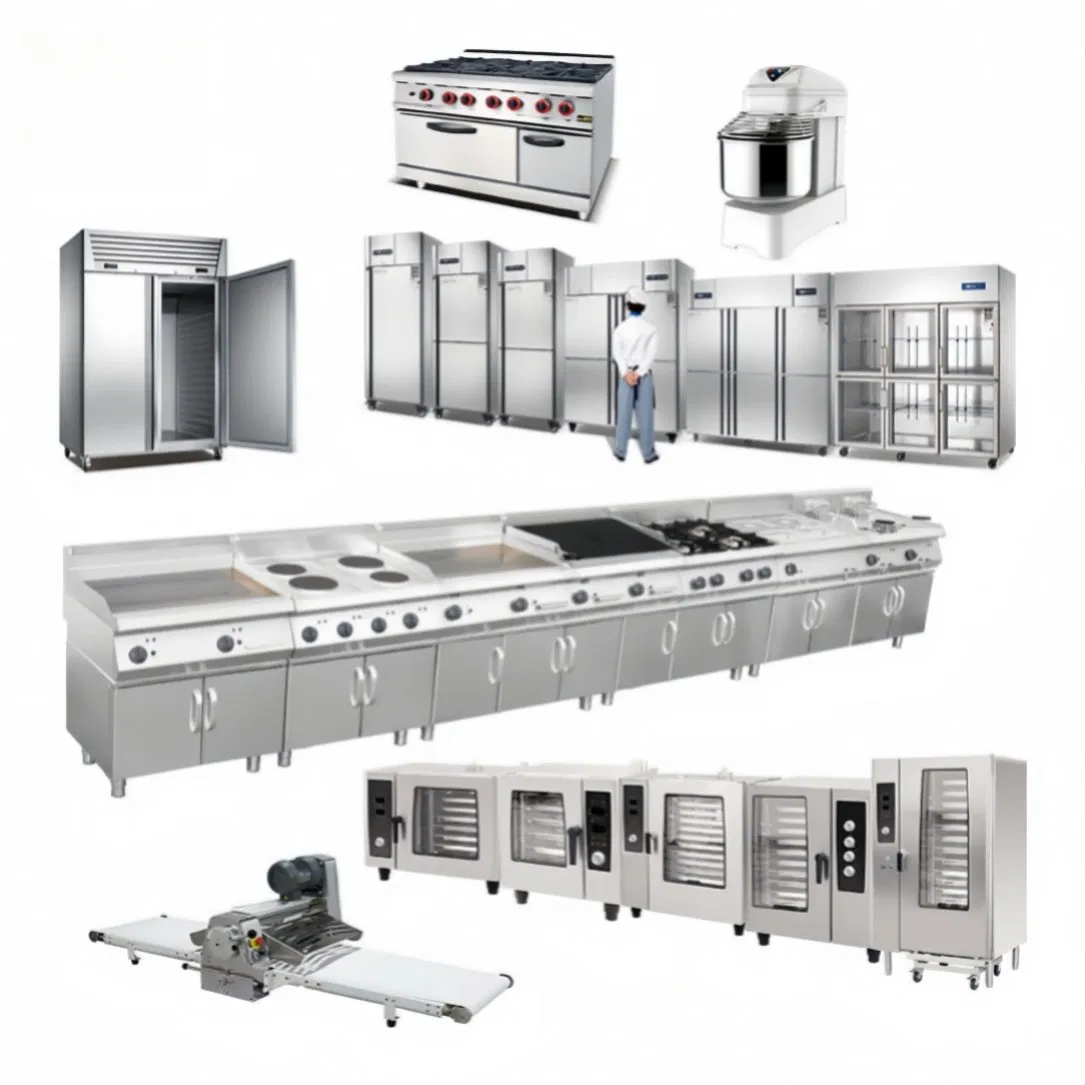 Integrated Restaurant Kitchen Equipment System for Food Halls with Individual Vendor Stations and Shared Utilities