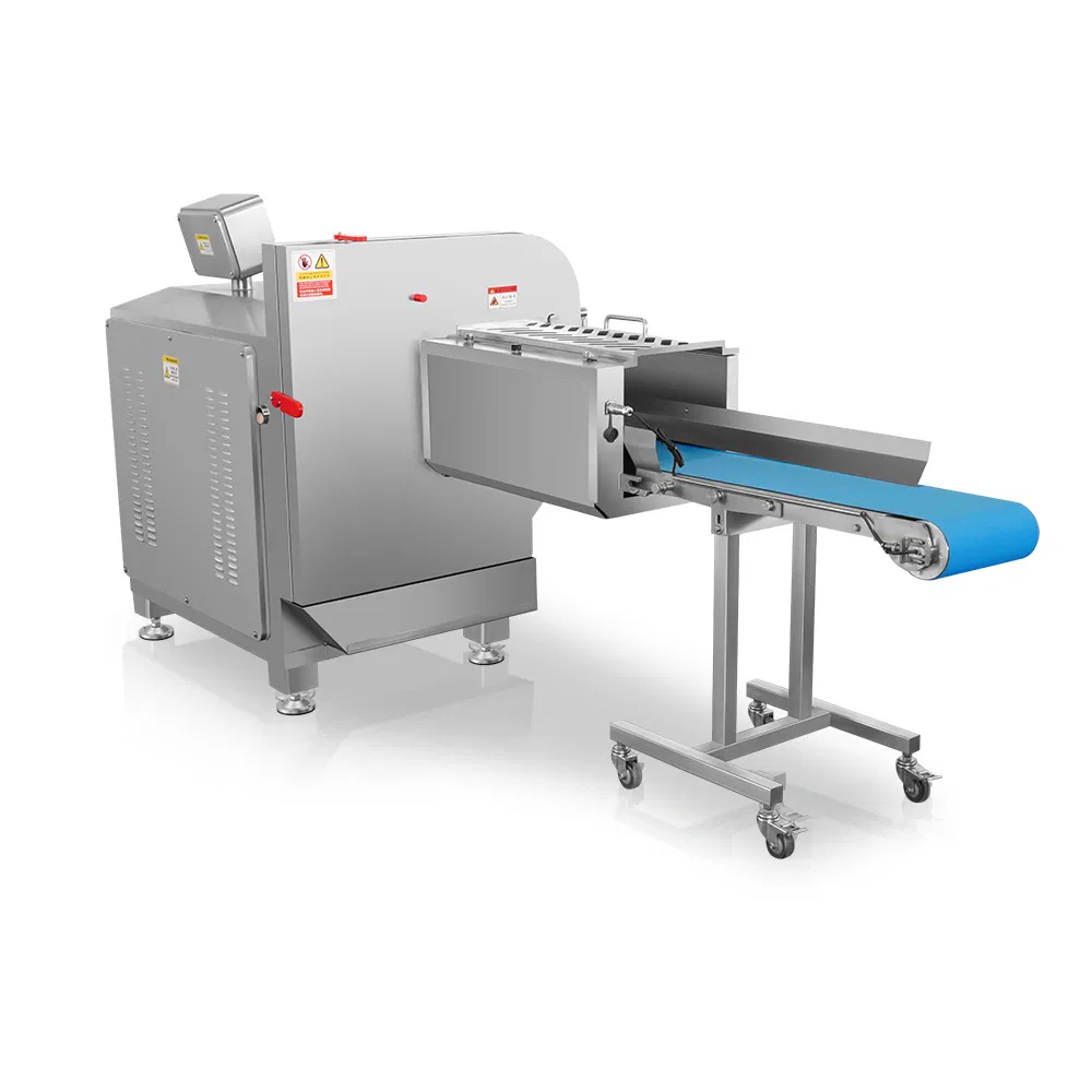 Industrial Meat Cutting Slicer Cutter Chopper Machine for Pork Beef Chicken Steak Slicing Processing Plant with Adjustable Thickness and Conveyor Feeding System
