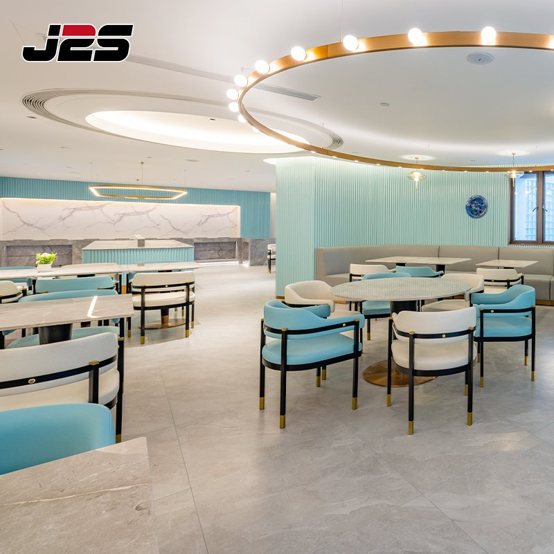 Commercial Restaurant Chairs and Tables Furniture Custom Blue Wall Booth Seating Yellow Upholstered Cafe Chair Set Food Court