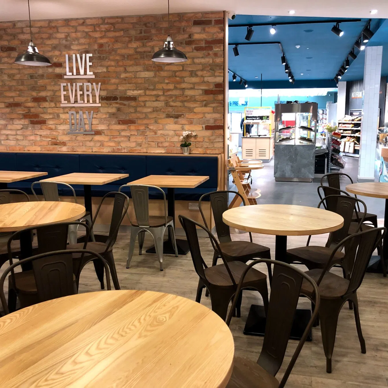 Economical Cafe Furniture Table Set with Seating and Back Cushion Chairs