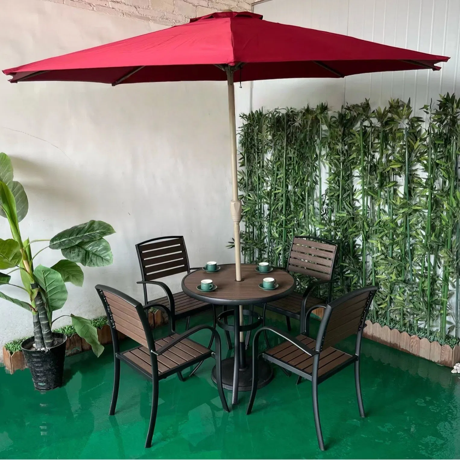 Outdoor Furniture Brushed Aluminum Frame Plastic Wood Restaurant Patio Outdoor Tables and Chairs Furniture