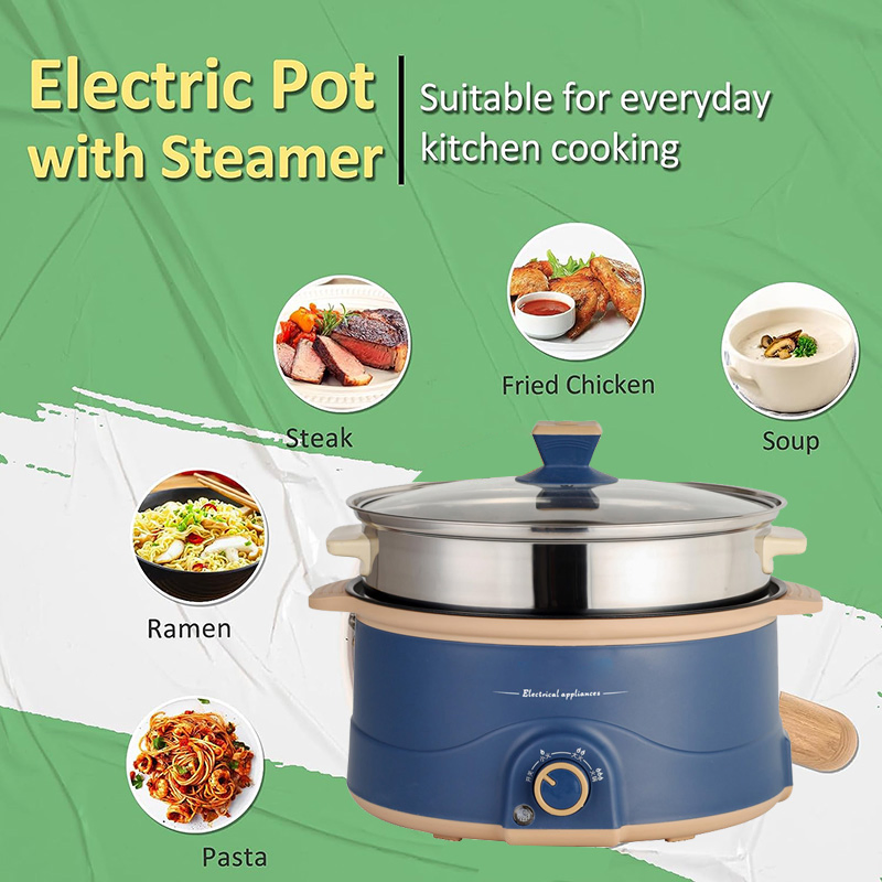 Electric Hot Pot 2.3L Portable Non-Stick Frying Pan for Saute Multifunction Electric Skillet for Stir Fry Roast Electric Cooker