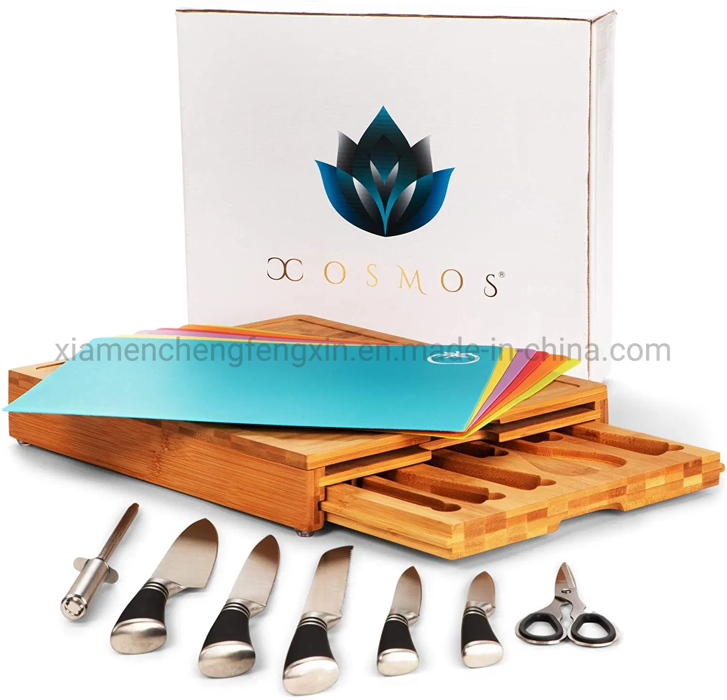 Xosmos Professional Bamboo Cutting Board with Durable 7 Piece Knife Set and BPA-Free Mats - Premium Chopping Boards, Space Saving Butcher Blocks - Kitchen Acces