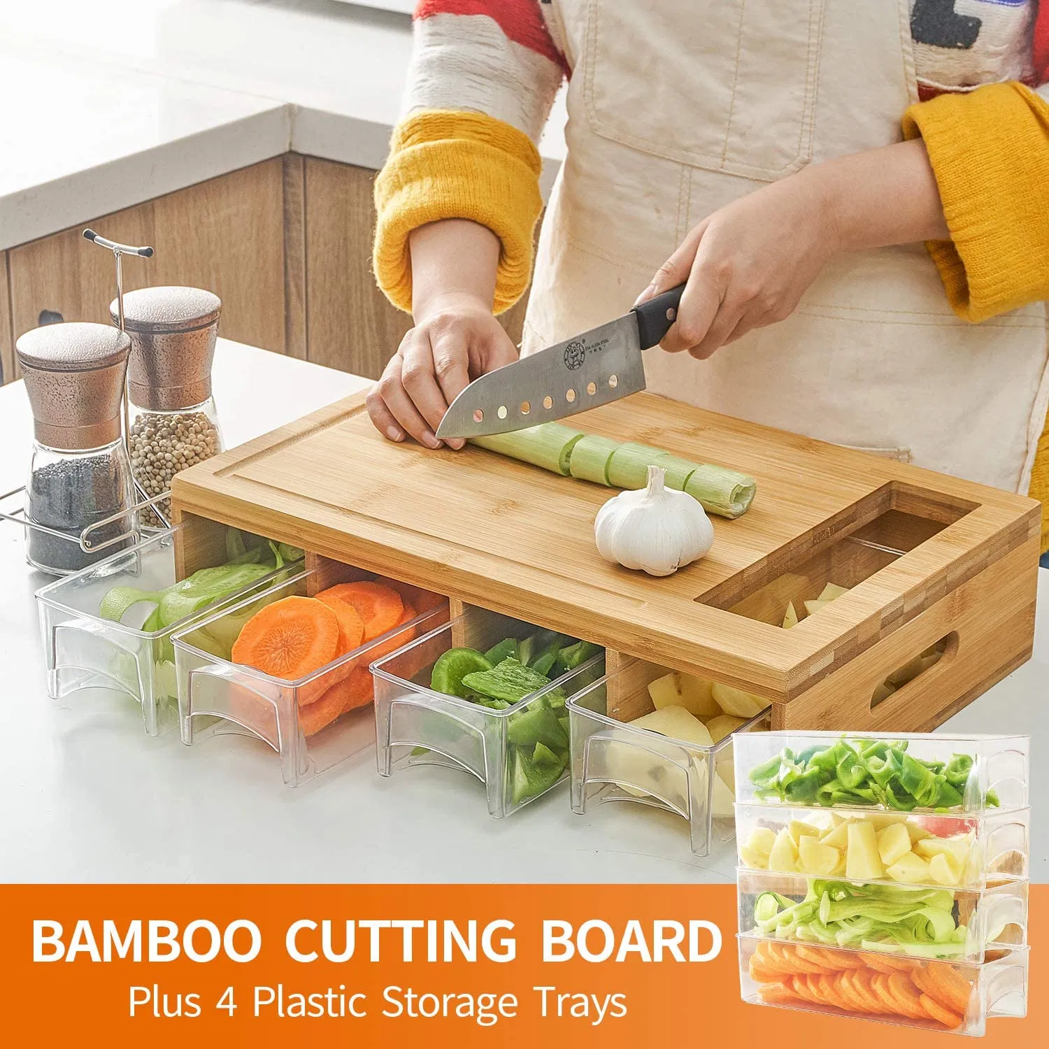 Bamboo Cutting Board with 4 Containers Large Chopping Board with Juice Grooves Easy-Grip Handles
