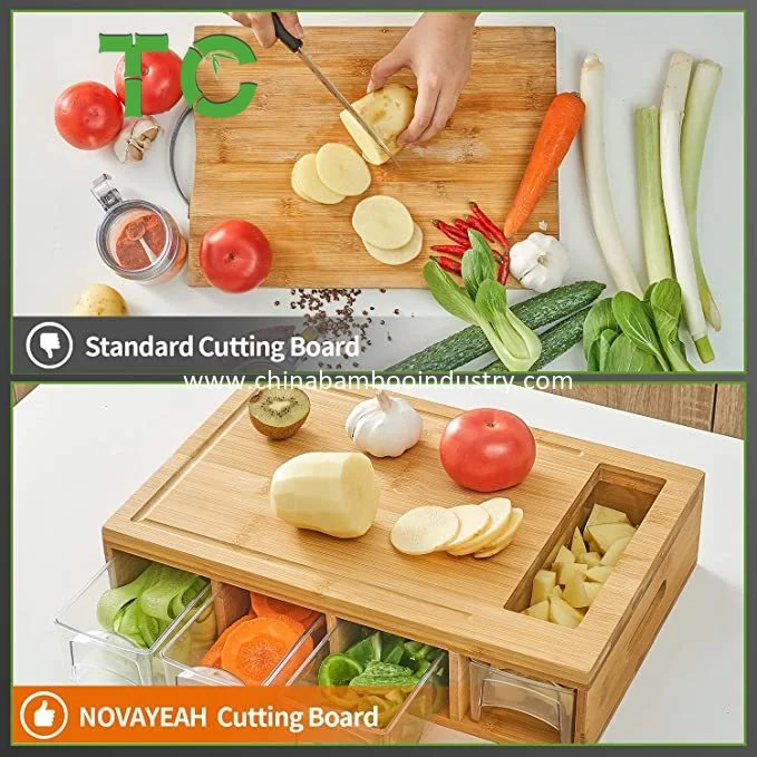 Bamboo Cutting Board with 4 Containers, Large Chopping Board with Juice Grooves, Easy-Grip Handles &amp; Food Sliding Opening