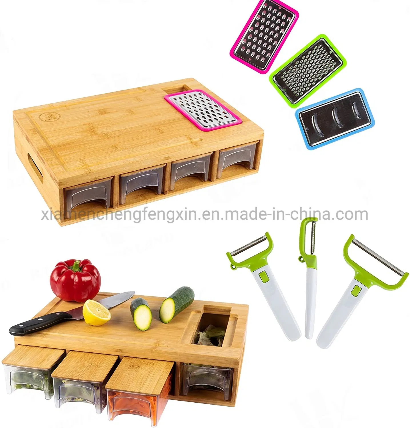 Bamboo Cutting Board with Container &amp; Vegetable Peeler Set, Cutting Board with Juice Groove, Bamboo Cutting Board with Tray&amp; Graters for Kitchen, Cu