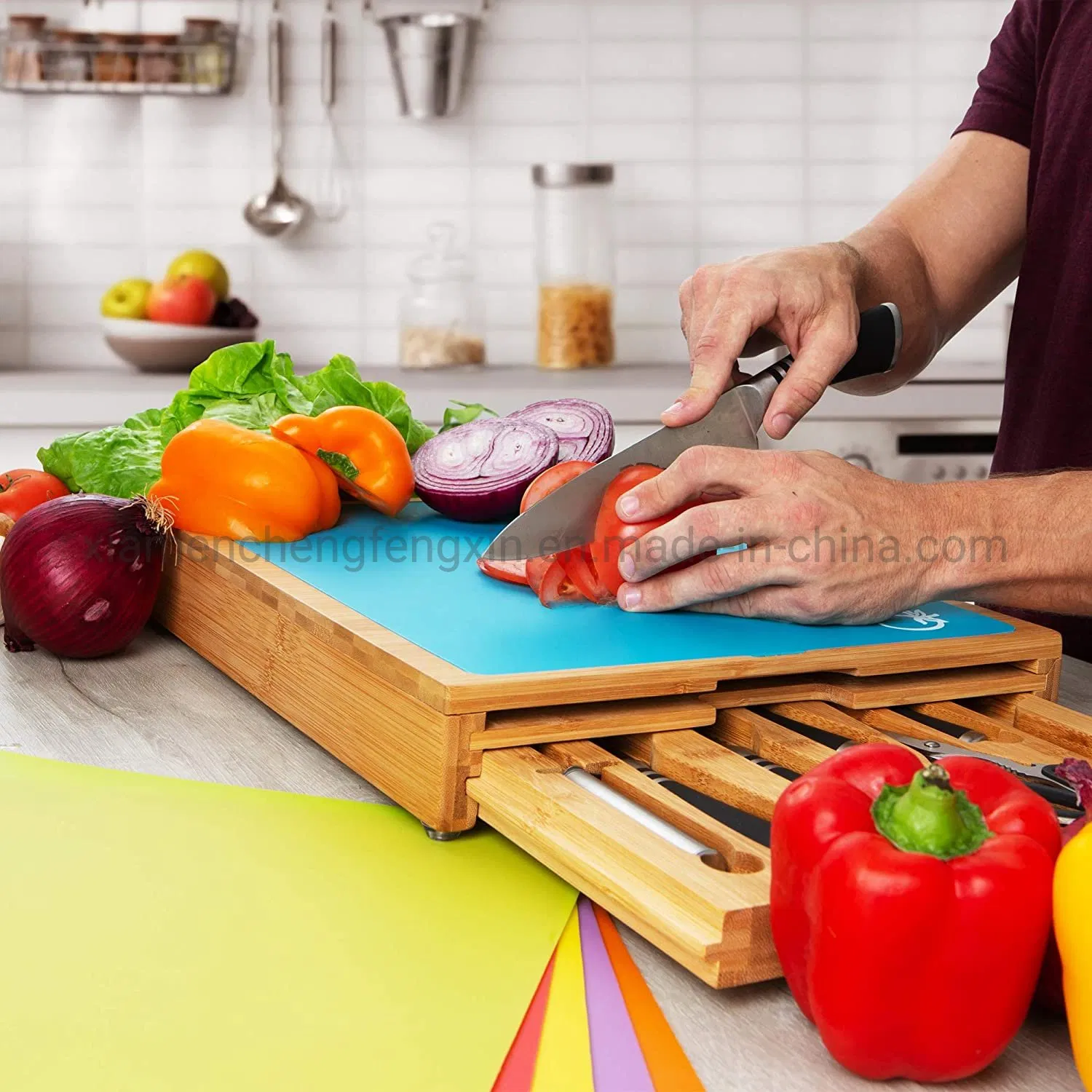 Xosmos Professional Bamboo Cutting Board with Durable 7 Piece Knife Set and BPA-Free Mats - Premium Chopping Boards, Space Saving Butcher Blocks - Kitchen Acces