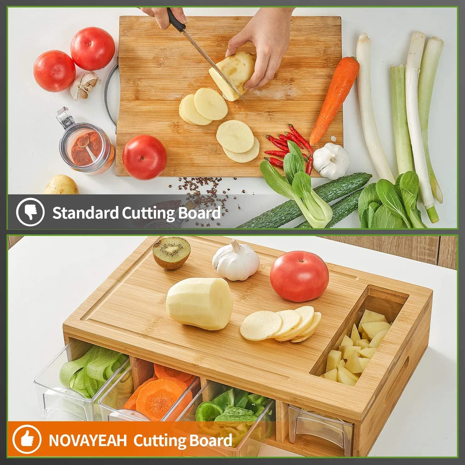 Bamboo Cutting Board with 4 Containers Large Chopping Board with Juice Grooves Easy-Grip Handles