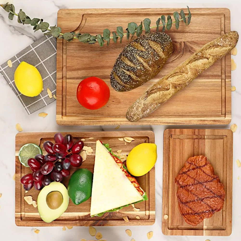 3PCS Acacia Chopping Board Set Wood Cutting Board with Juice Groove for Kitchen Meat Vegetable