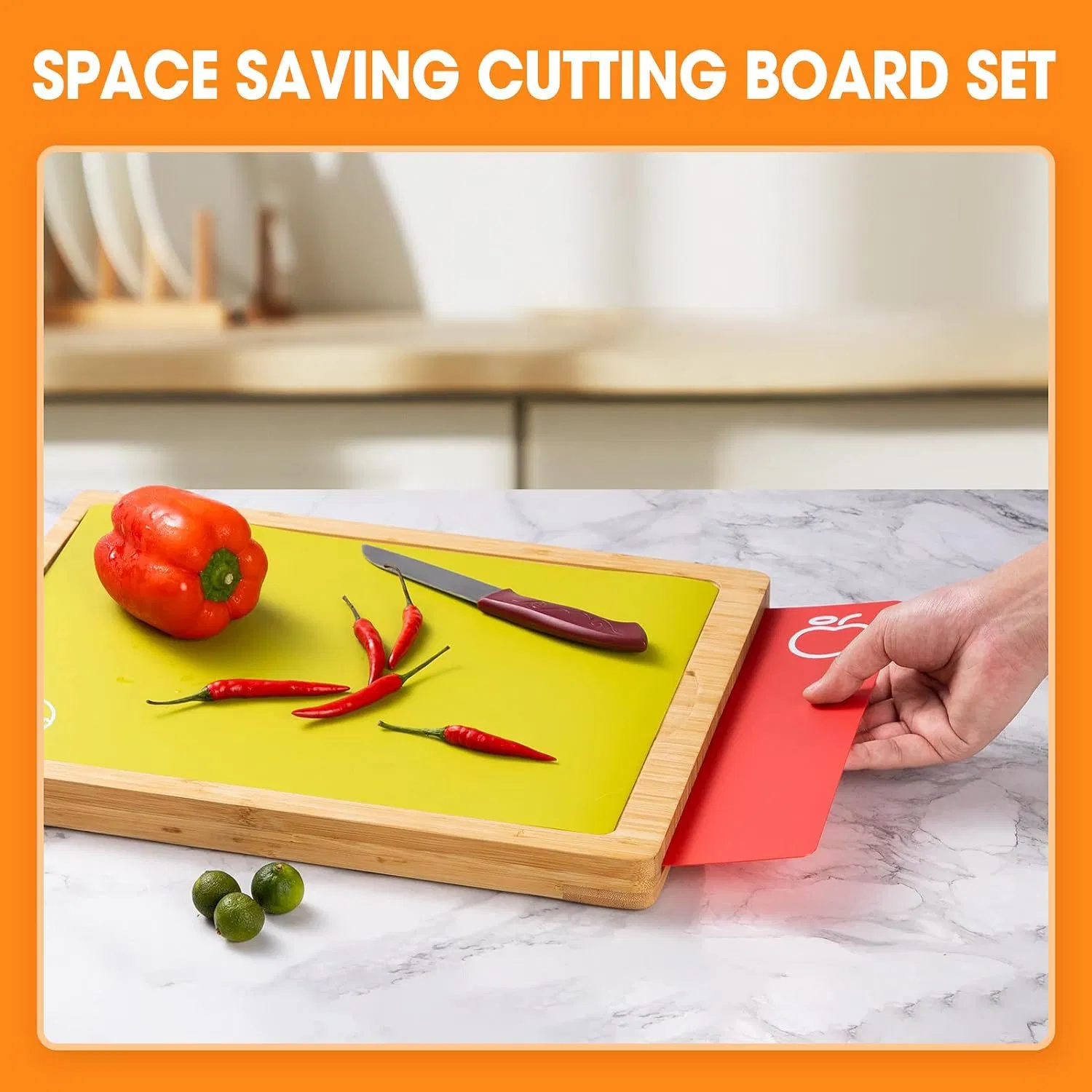 Natural Bamboo+PP Cutting Board Set with 7 Color-Coded Flexible Plastic Cutting Boards with Food Icons Wooden Cutting Boards