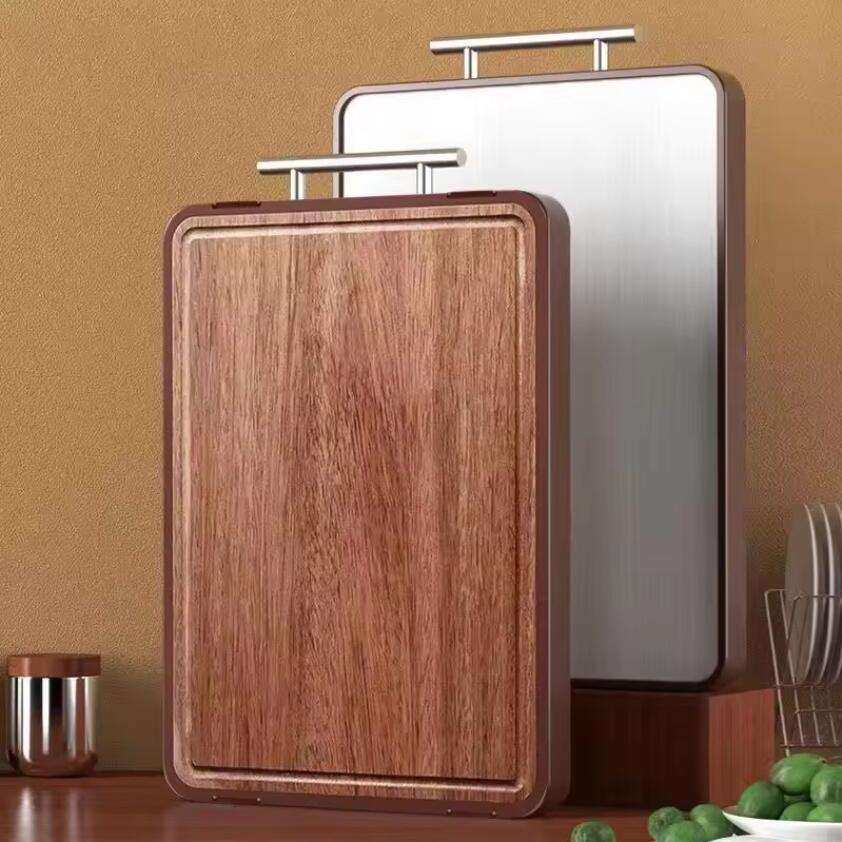 Kitchenware Bamboo Double Side Stainless Steel Chopping Board Block Wood Antibacterial Multifunctional Cutting Board with Handle