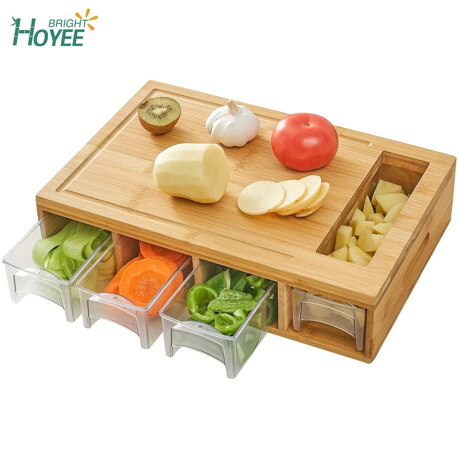 Bamboo Cutting Board with 4 Containers Large Chopping Board with Juice Grooves Easy-Grip Handles