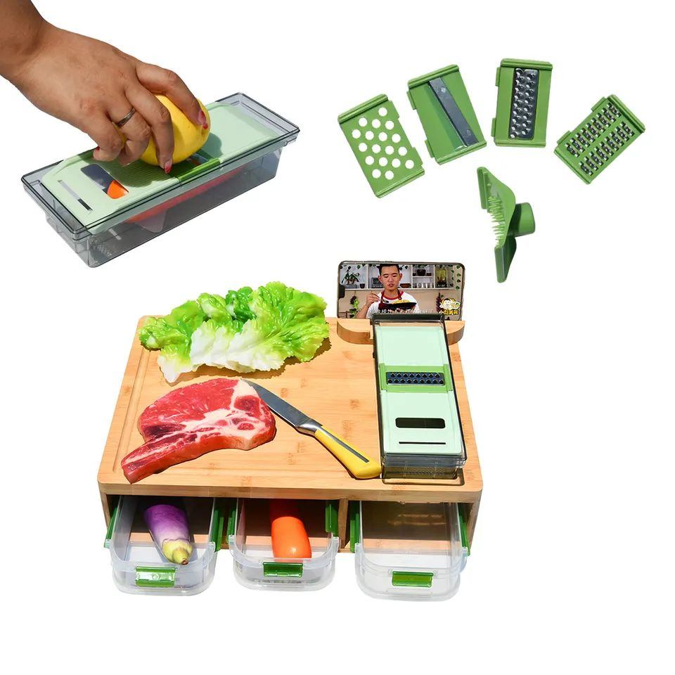 Extra Large Portable Vegetable Fruit Chopping Boards Bamboo Cutting Board with Containers and Grater Phone Holder