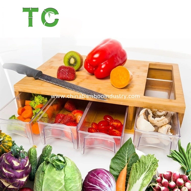 Newly Innovated Multi-Purpose Bamboo Cutting Board with Trays/Drawers/Container, Chopping Board with Juice Grooves, Easy-Grip Handles &amp; Food Sliding Opening