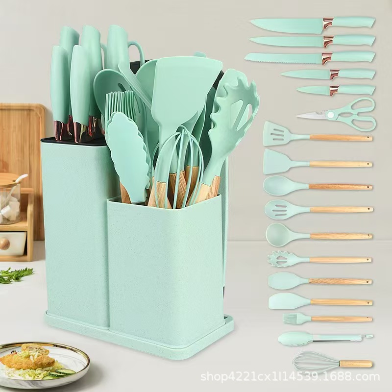 Newest 19-Piece Set of Silica Gel Kitchen Utensil Set with Wooden Handle and Cuttings Board Storage Bucket Kitchen Gadget Set