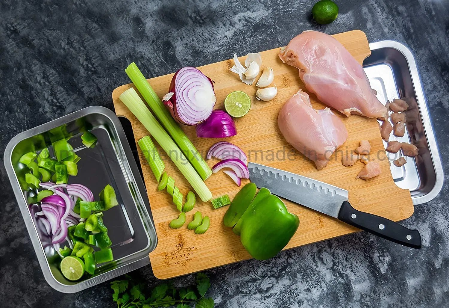Eco-Friendly Bamboo Cutting Board with Stainless Steel Trays for Effortless Food Prep