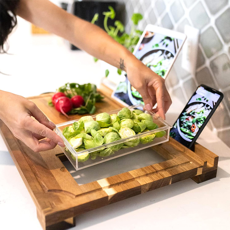 Large Acacia Wood Cutting Board - 4 Piece Set - Phone, iPad, Tablet Stand - Extra Containers/Compartments Chopping Block